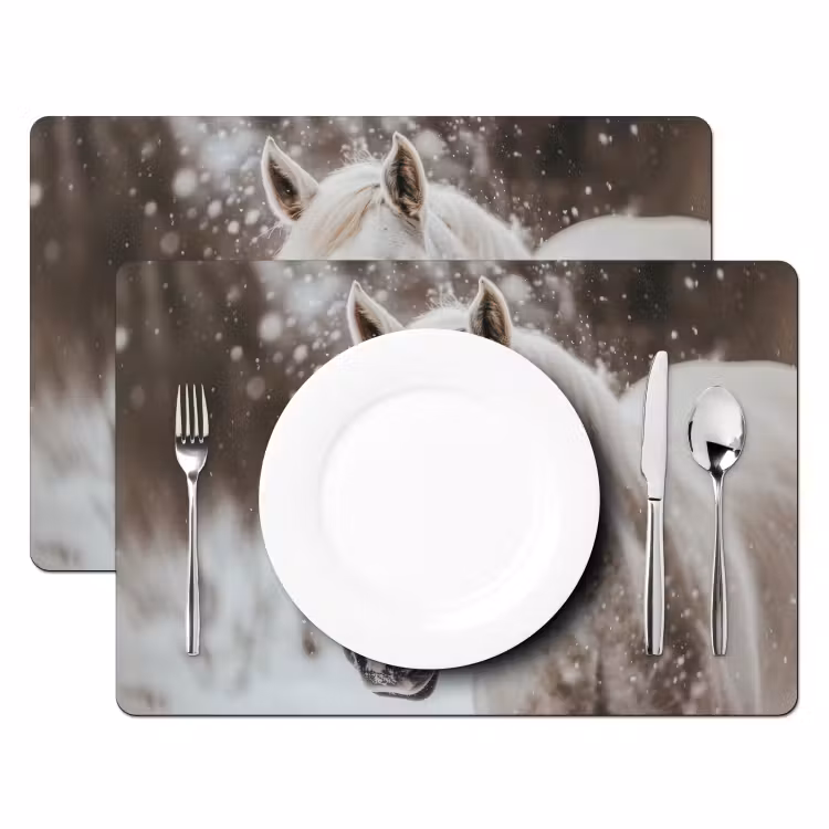 Placemat - 6 stuks - Paard - Wit - Winter - Natuur - Sneeuw - Dieren — 2