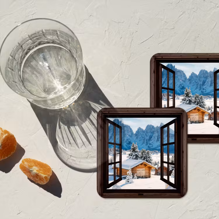 Onderzetter - Doorkijk - Winter - Landschap - Huisje - Bergen — 2