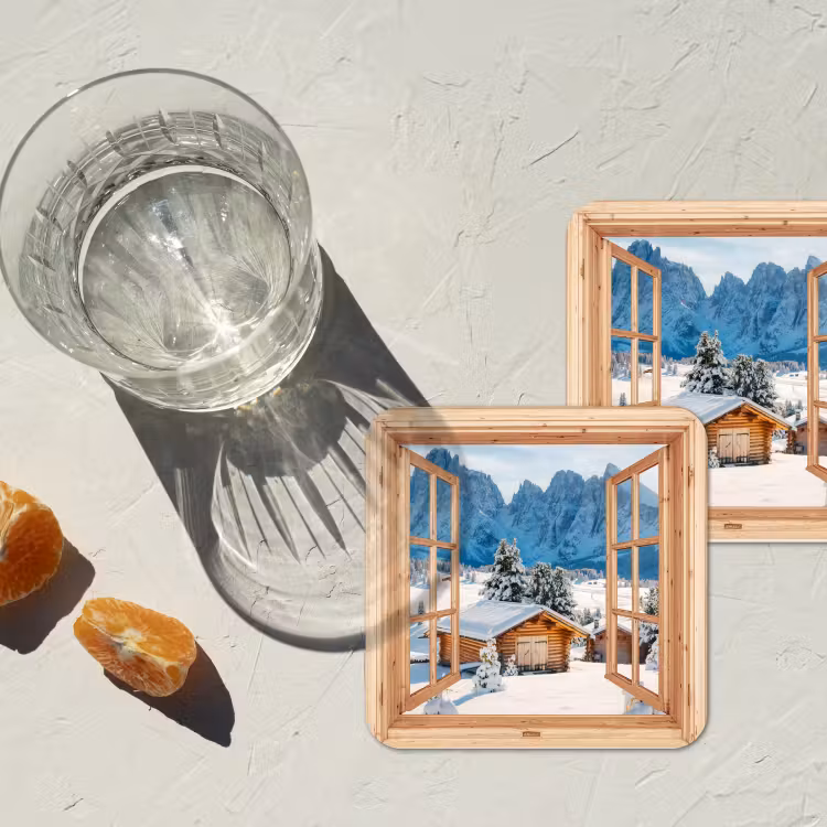 Onderzetter - Doorkijk - Winterlandschap - Huisje - Bergen - Uitzicht — 2