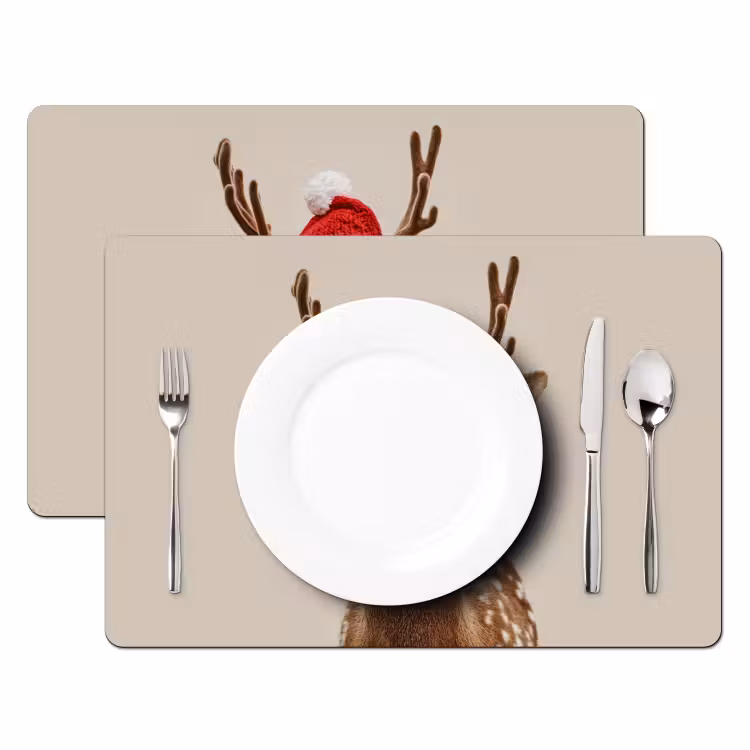 Placemat - 6 stuks - Hert - Kerst - Muts - Dieren - Winter - Grappig — 2