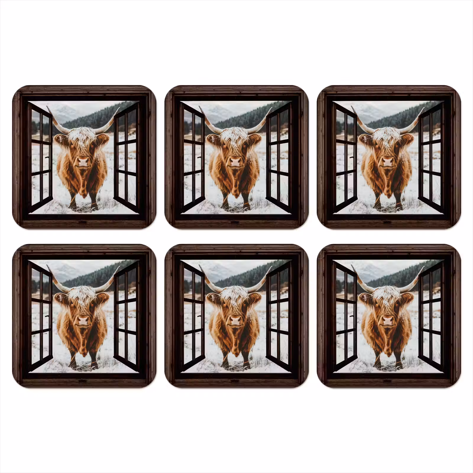 Onderzetter - Schotse Hooglander - Landschap - Landelijk - Bergen - Winter - Doorkijk - Donker — 1