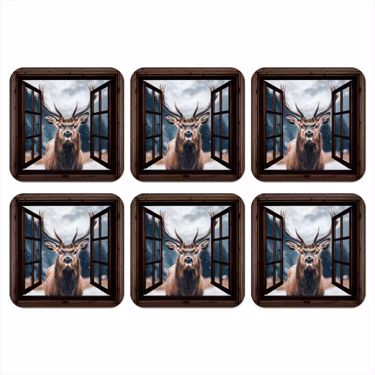 Onderzetter - Doorkijk - Hert - Dieren - Landschap - Winter - Sneeuw - Landelijk — 1