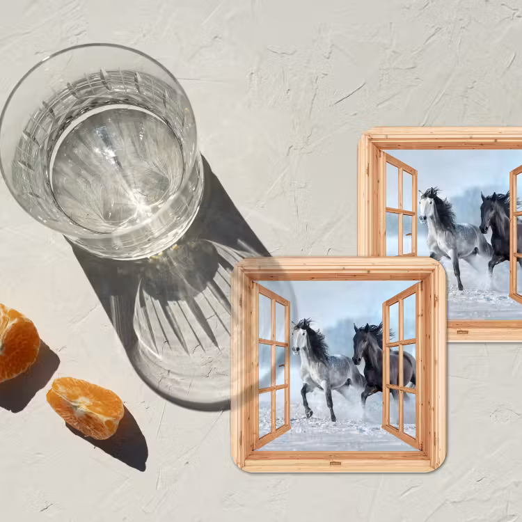 Onderzetter - Doorkijk - Paarden - Winter - Dieren - Natuur - Hout — 2