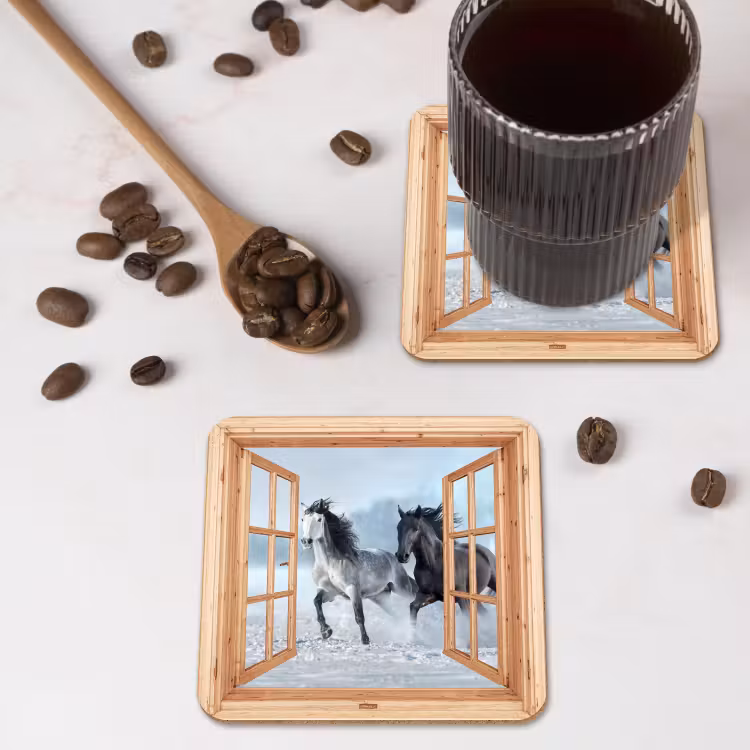 Onderzetter - Doorkijk - Paarden - Winter - Dieren - Natuur - Hout — 4