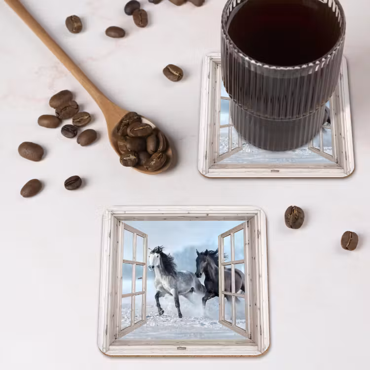 Onderzetter - Doorkijk - Paarden - Winter - Dieren - Natuur - Wit — 4