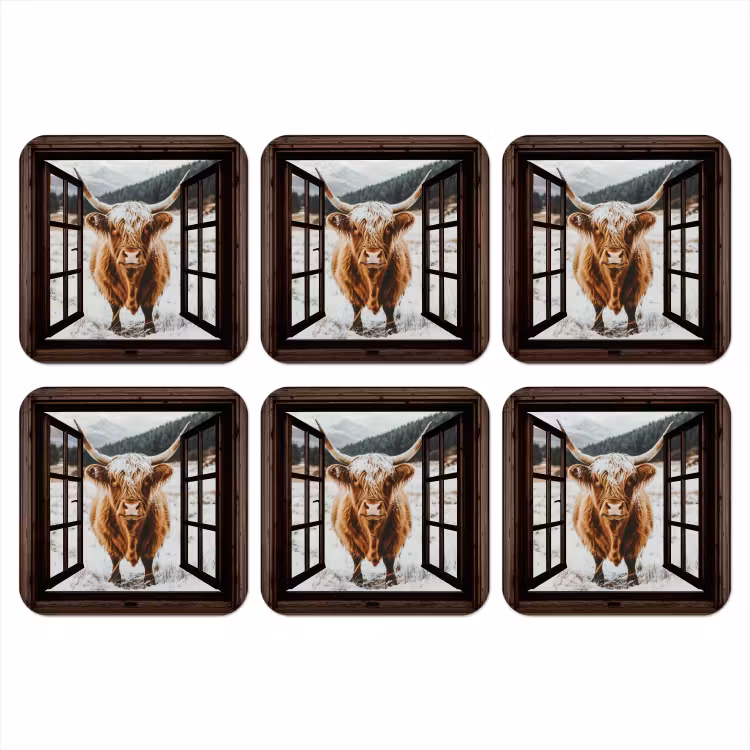 Onderzetter - Schotse Hooglander - Landschap - Landelijk - Bergen - Winter - Doorkijk - Donker — 1