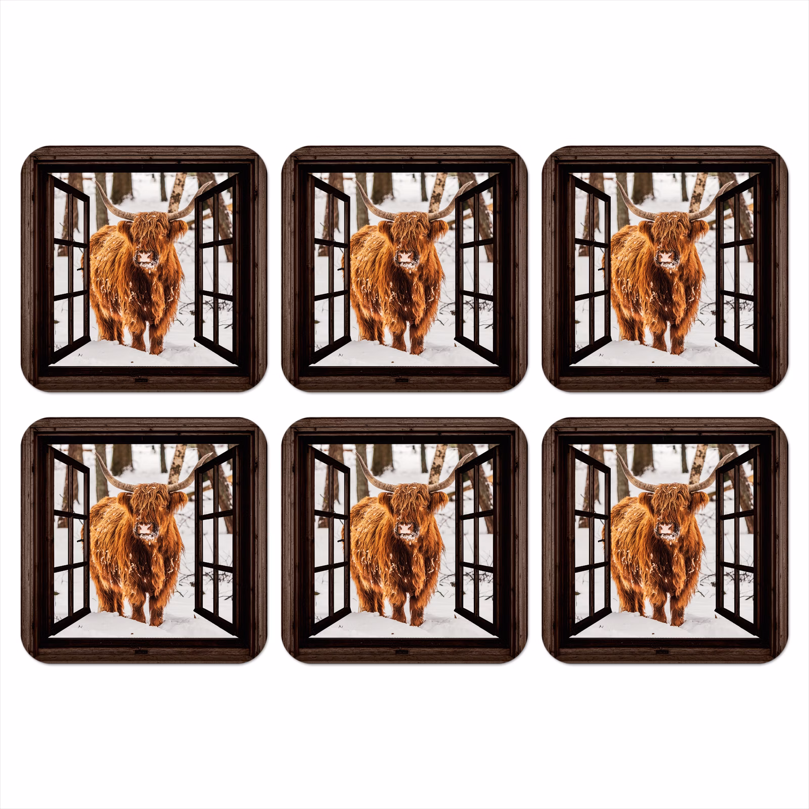Onderzetter - Schotse Hooglander - Sneeuw - Natuur - Dieren - Doorkijk - Winter — 1