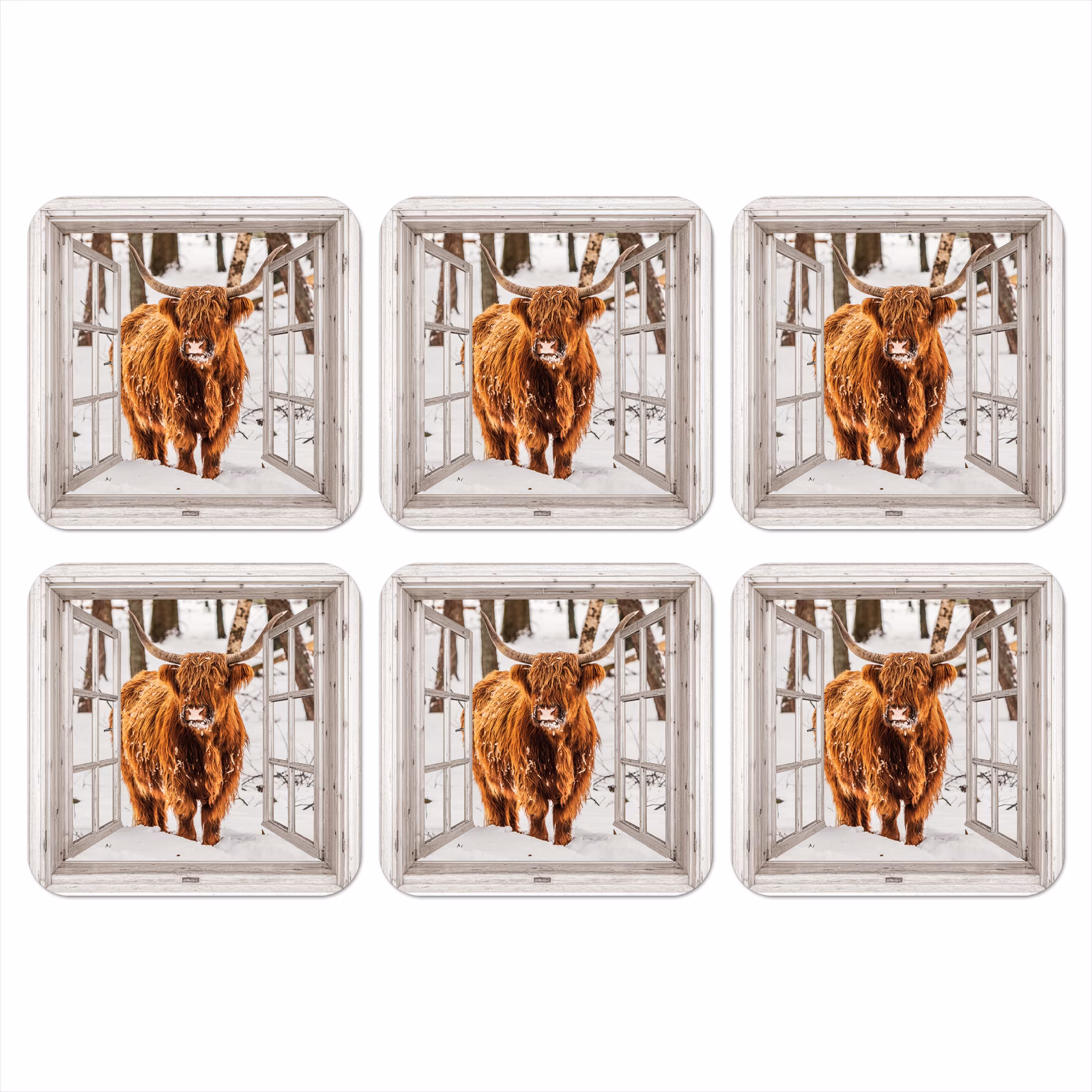 Onderzetter - Schotse Hooglander - Sneeuw - Winter - Natuur - Dier - Doorkijk - Landelijk — 1