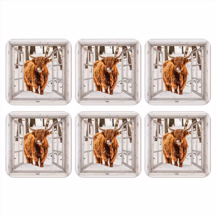 Onderzetter - Schotse Hooglander - Sneeuw - Winter - Natuur - Dier - Doorkijk - Landelijk — 1