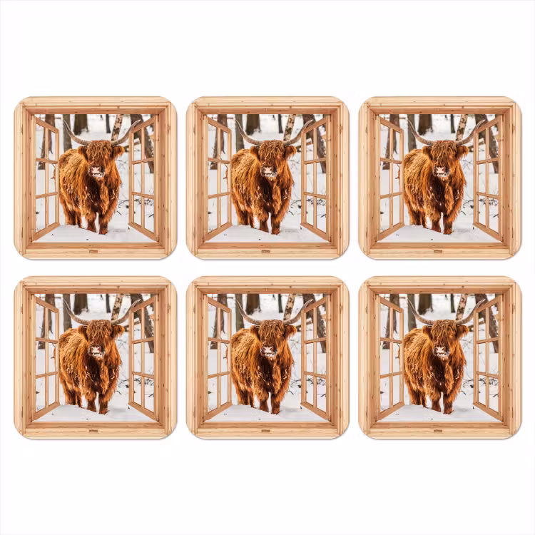 Onderzetter - Schotse Hooglander - Winter - Landschap - Natuur - Dieren - Doorkijk — 1