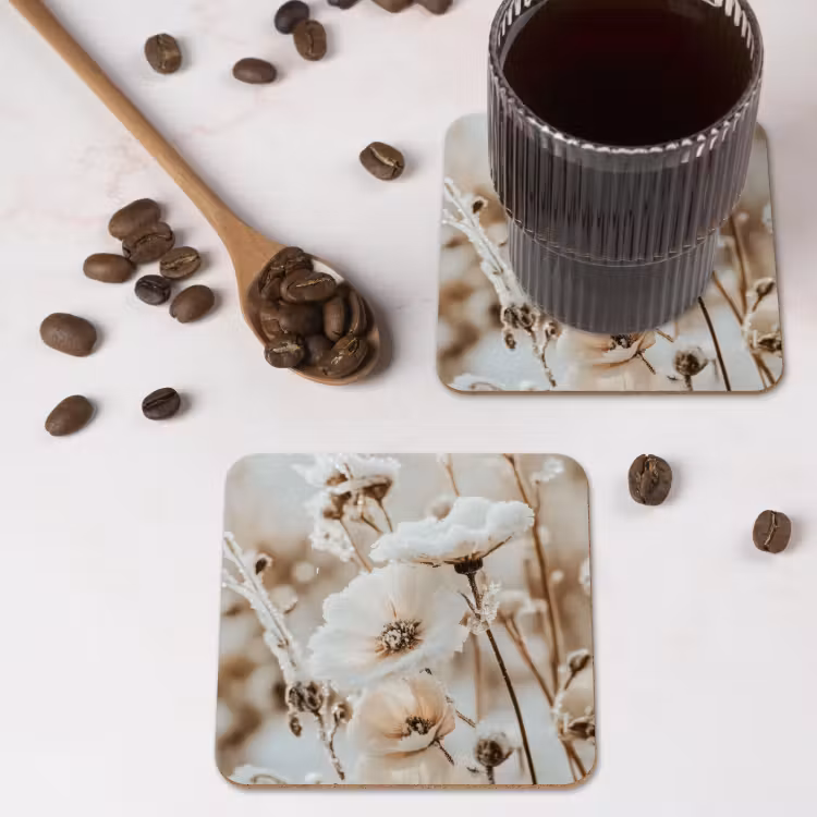 Onderzetter - Bloemen - Winter - Wit - Sneeuw - Beige — 4