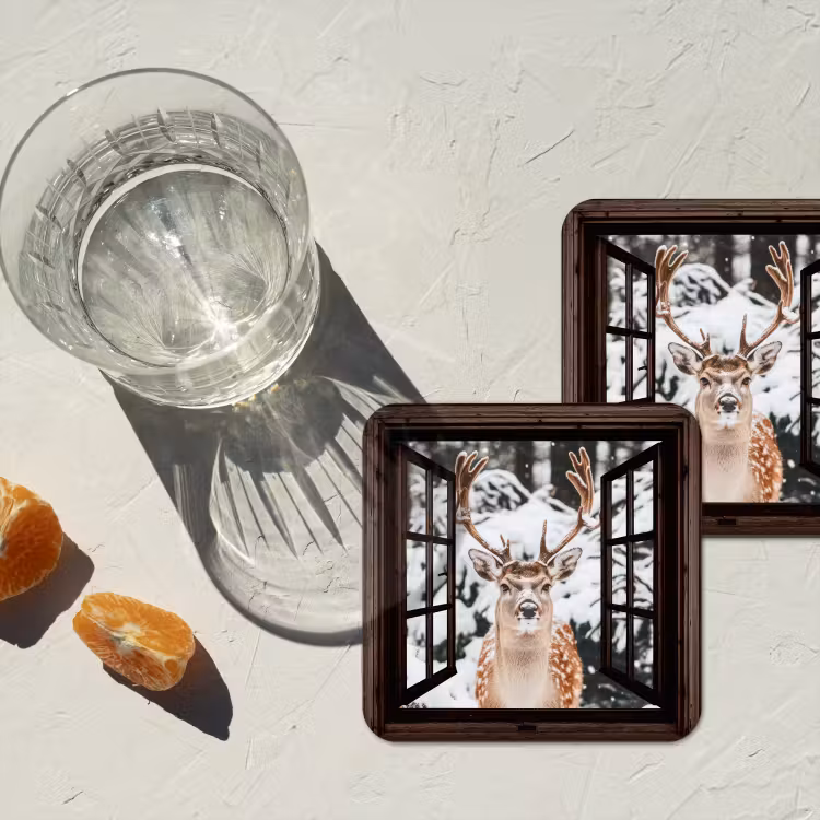 Onderzetter - Hert - Sneeuw - Winter - Bos - Dieren - Doorkijk — 2