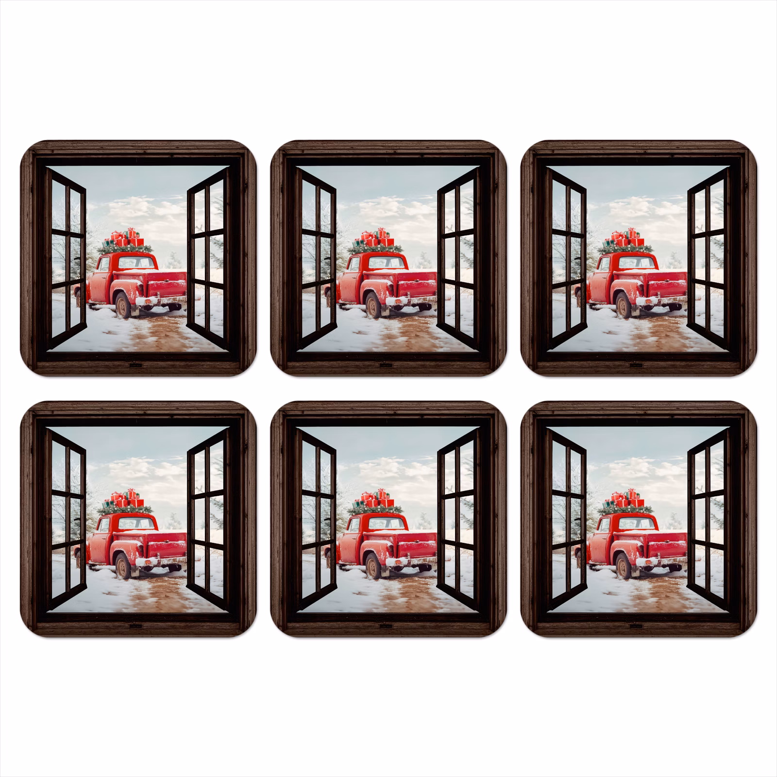 Onderzetter - Doorkijk - Auto - Rood - Cadeaus - Winterlandschap - Kerst — 1