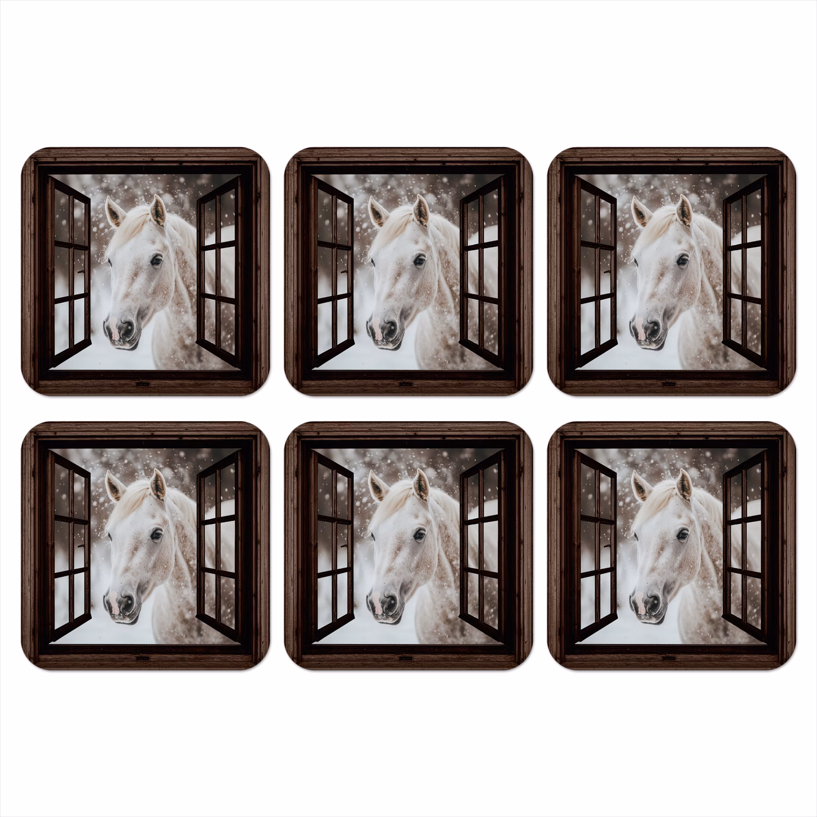 Onderzetter - Doorkijk - Paard - Wit - Winterlandschap - Sneeuw — 1