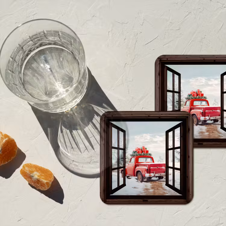 Onderzetter - Doorkijk - Auto - Rood - Cadeaus - Winterlandschap - Kerst — 2
