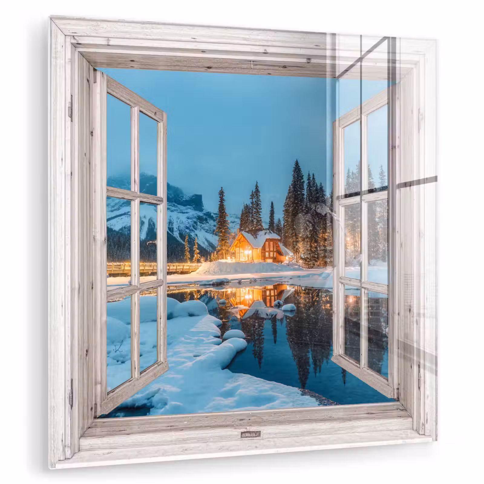 Glas schilderij - Doorkijk - Winterlandschap - Natuur - Huis - Bergen — 1