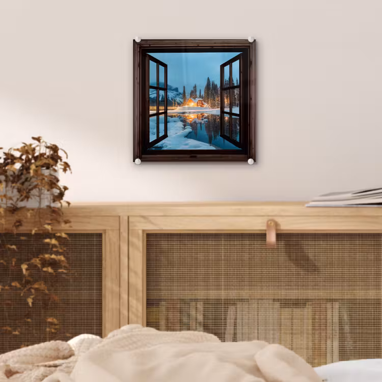 Glas schilderij - Doorkijk - Winter - Landschap - Natuur - Huis - Bergen — 5