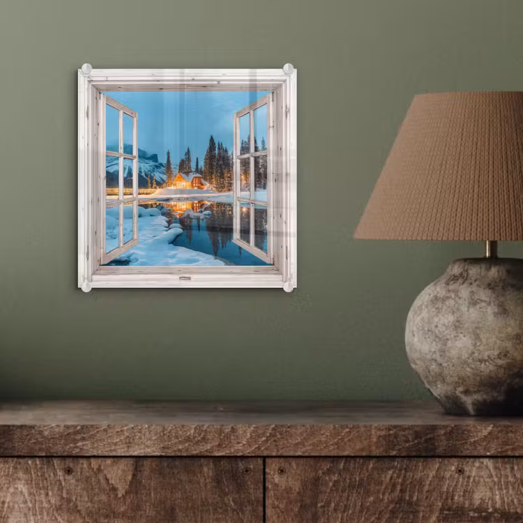 Glas schilderij - Doorkijk - Winterlandschap - Natuur - Huis - Bergen — 4