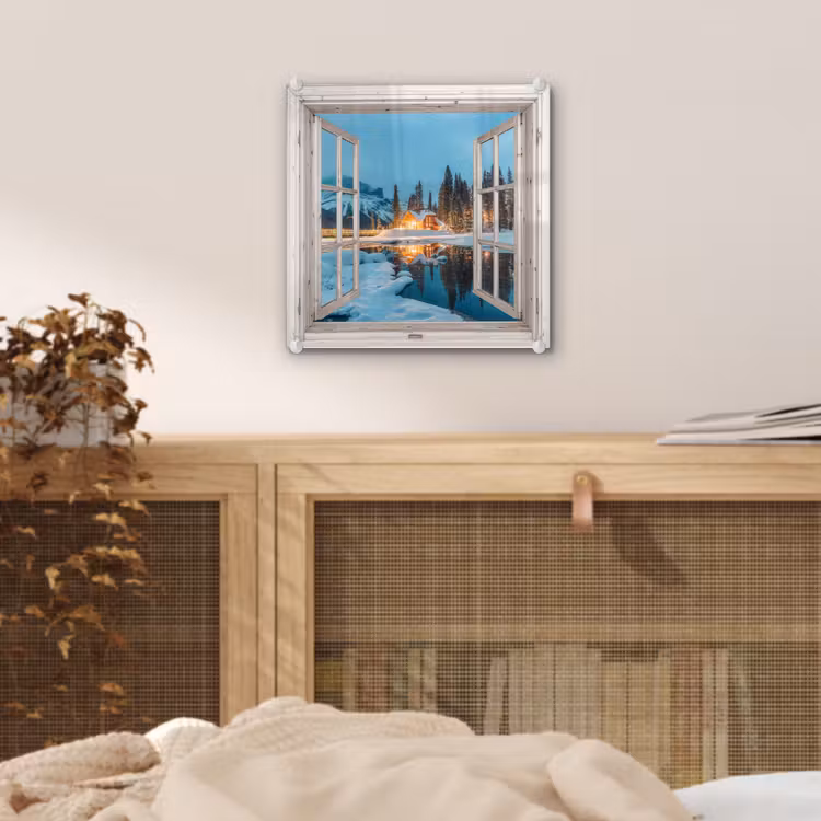 Glas schilderij - Doorkijk - Winterlandschap - Natuur - Huis - Bergen — 5
