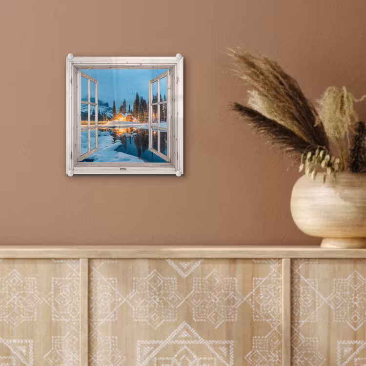Glas schilderij - Doorkijk - Winterlandschap - Natuur - Huis - Bergen — 6