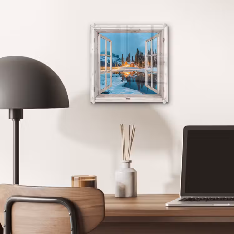 Glas schilderij - Doorkijk - Winterlandschap - Natuur - Huis - Bergen — 7
