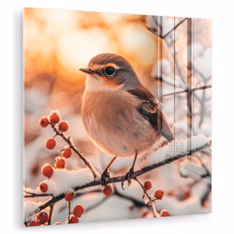 Glas schilderij - Vogel - Tak - Winter - Dieren - Sneeuw — 1