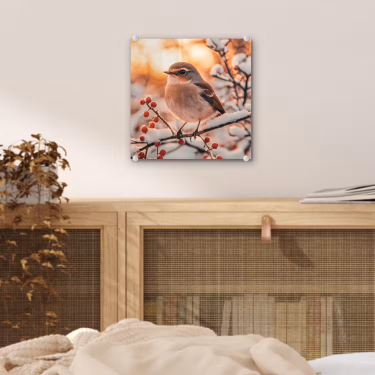 Glas schilderij - Vogel - Tak - Winter - Dieren - Sneeuw — 5