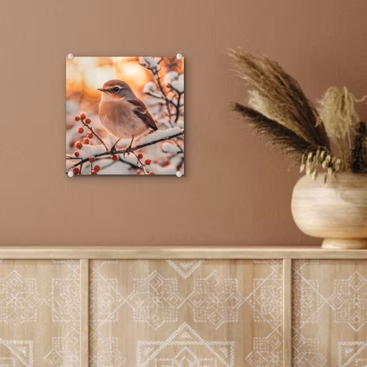 Glas schilderij - Vogel - Tak - Winter - Dieren - Sneeuw — 6