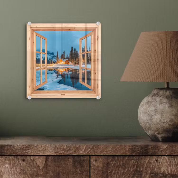 Glas schilderij - Winterlandschap - Natuur - Huis - Bergen - Doorkijk - Raam — 4