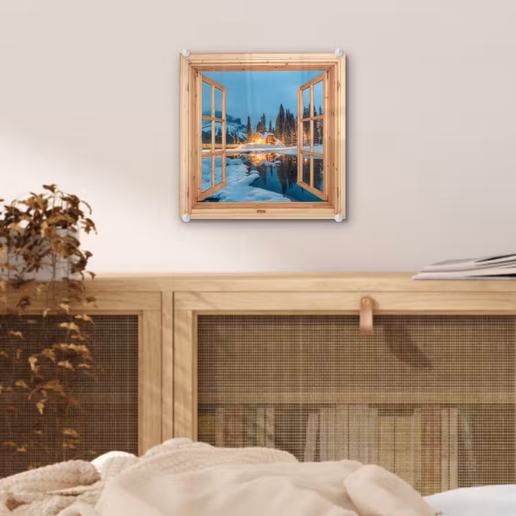 Glas schilderij - Winterlandschap - Natuur - Huis - Bergen - Doorkijk - Raam — 5