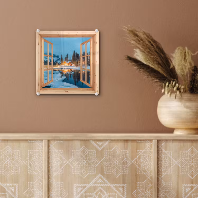 Glas schilderij - Winterlandschap - Natuur - Huis - Bergen - Doorkijk - Raam — 6