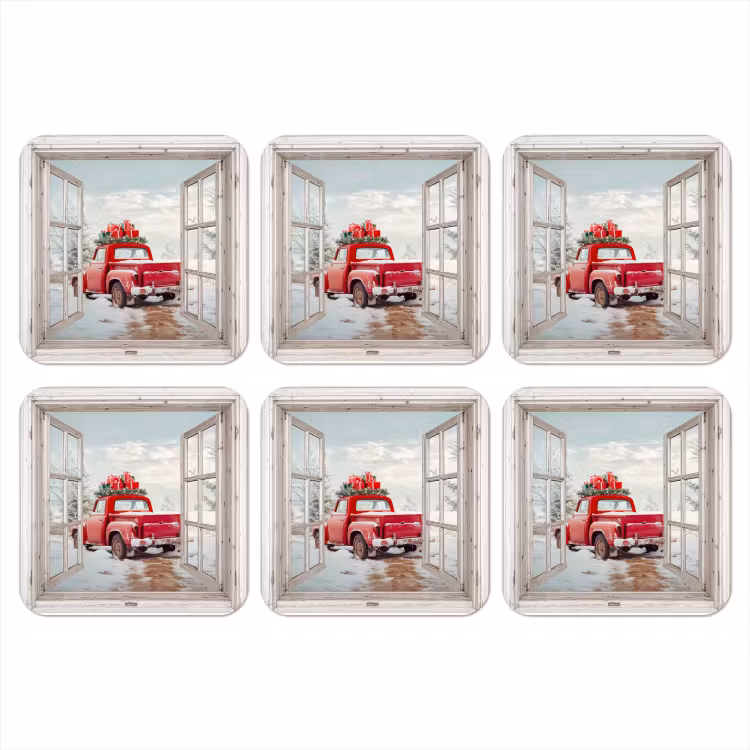 Onderzetter - Auto - Rood - Cadeaus - Winter - Kerst - Doorkijk - Wit — 1