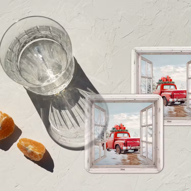 Onderzetter - Auto - Rood - Cadeaus - Winter - Kerst - Doorkijk - Wit — 2