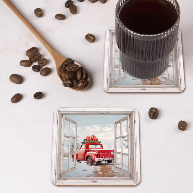 Onderzetter - Auto - Rood - Cadeaus - Winter - Kerst - Doorkijk - Wit — 4