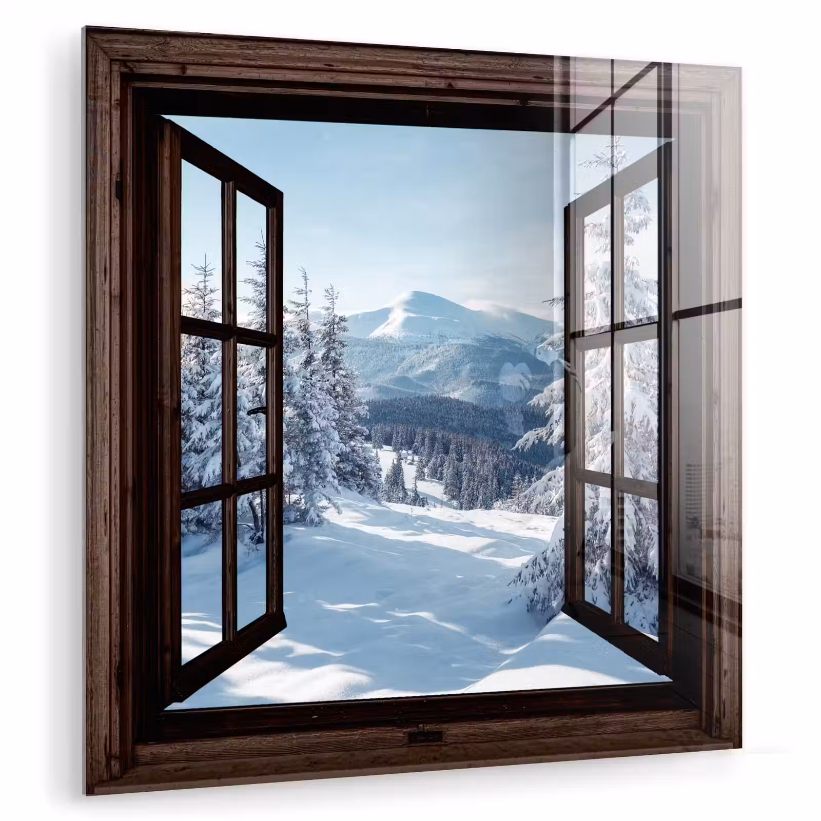 Glas schilderij - Winter - Landschap - Natuur - Berg - Bomen - Doorkijk - Uitzicht — 1