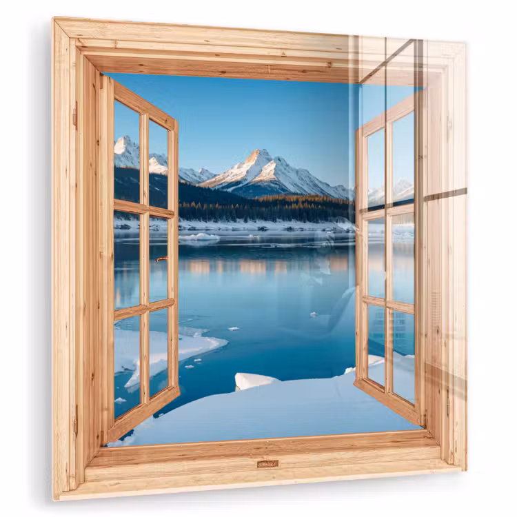 Glas schilderij - Doorkijk - Landschap - Winter - Meer - Bergen - Uitzicht — 1
