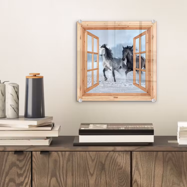 Glas schilderij - Doorkijk - Paarden - Winter - Dieren - Natuur - Hout — 2