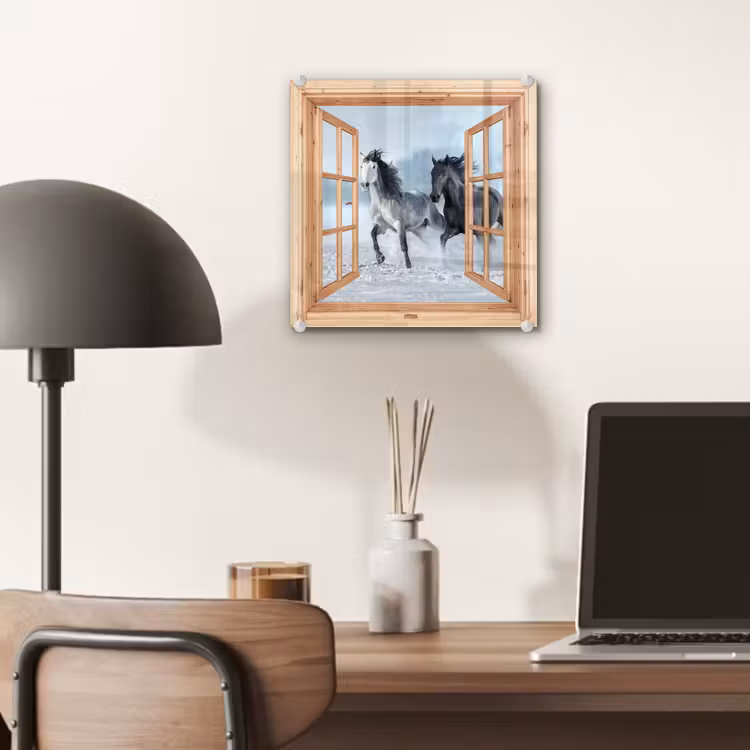 Glas schilderij - Doorkijk - Paarden - Winter - Dieren - Natuur - Hout — 7