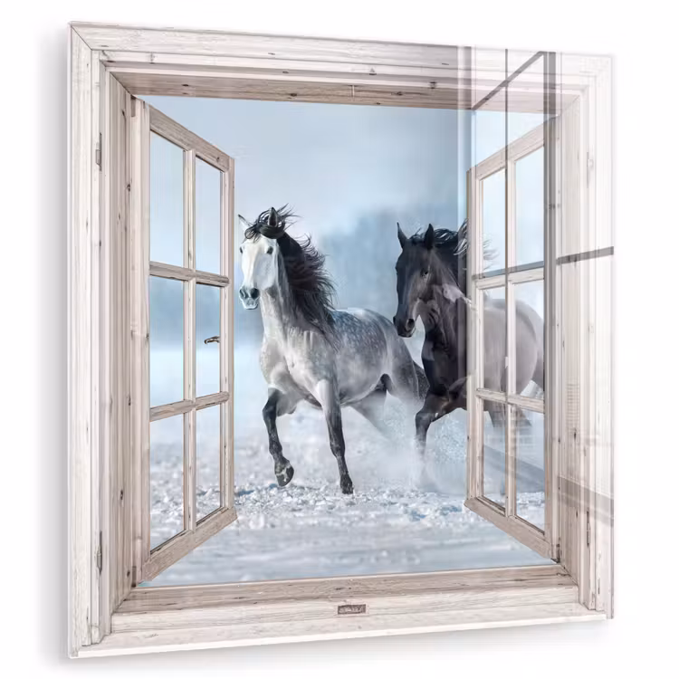 Glas schilderij - Doorkijk - Paarden - Winter - Dieren - Natuur - Wit — 1