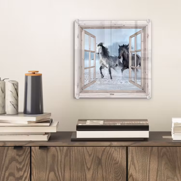 Glas schilderij - Doorkijk - Paarden - Winter - Dieren - Natuur - Wit — 2