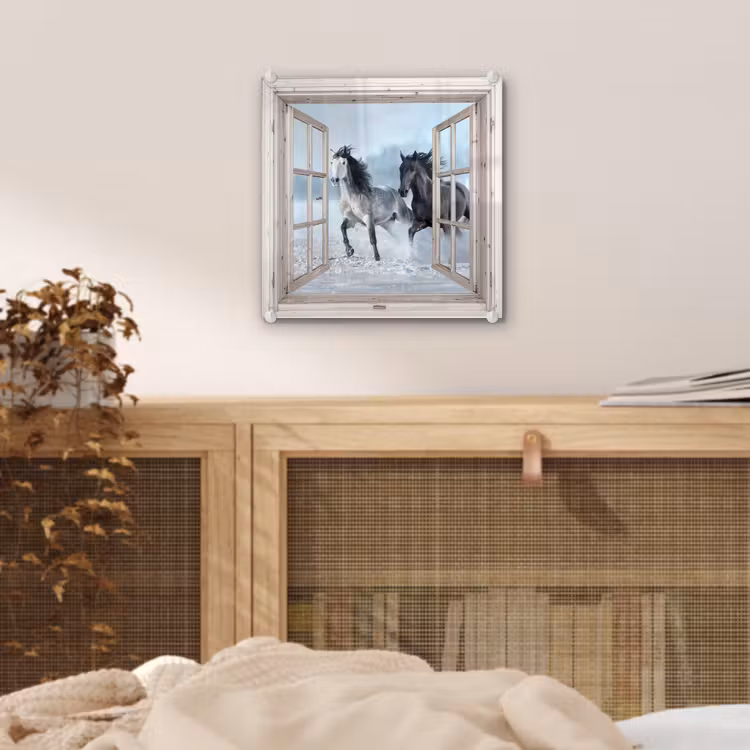 Glas schilderij - Doorkijk - Paarden - Winter - Dieren - Natuur - Wit — 5