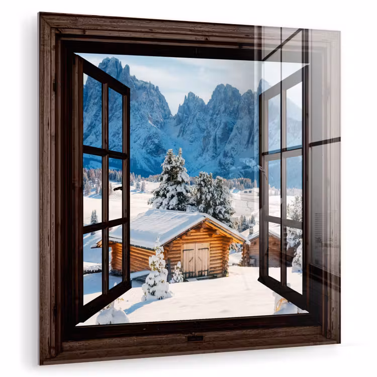 Glas schilderij - Doorkijk - Winter - Landschap - Huisje - Bergen — 1