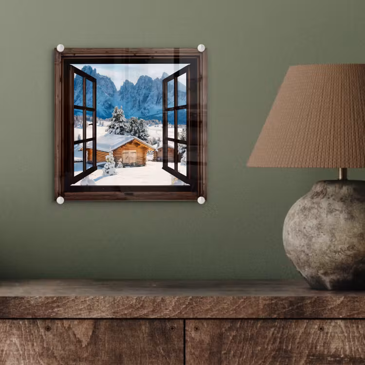 Glas schilderij - Doorkijk - Winter - Landschap - Huisje - Bergen — 4