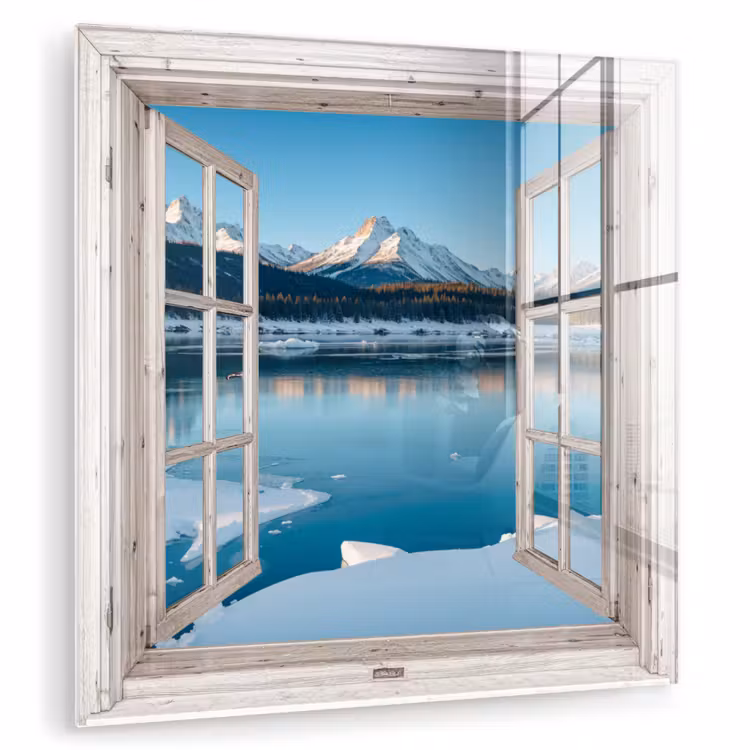 Glas schilderij - Landschap - Winter - Meer - Bergen - Uitzicht - Doorkijk - Licht — 1