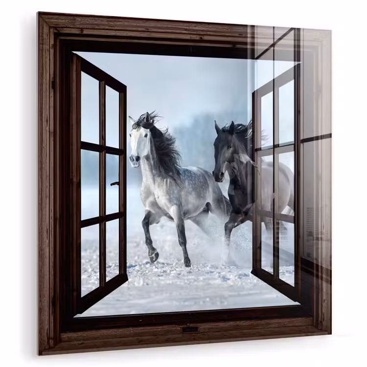Glas schilderij - Paarden - Winter - Dieren - Natuur - Doorkijk — 1