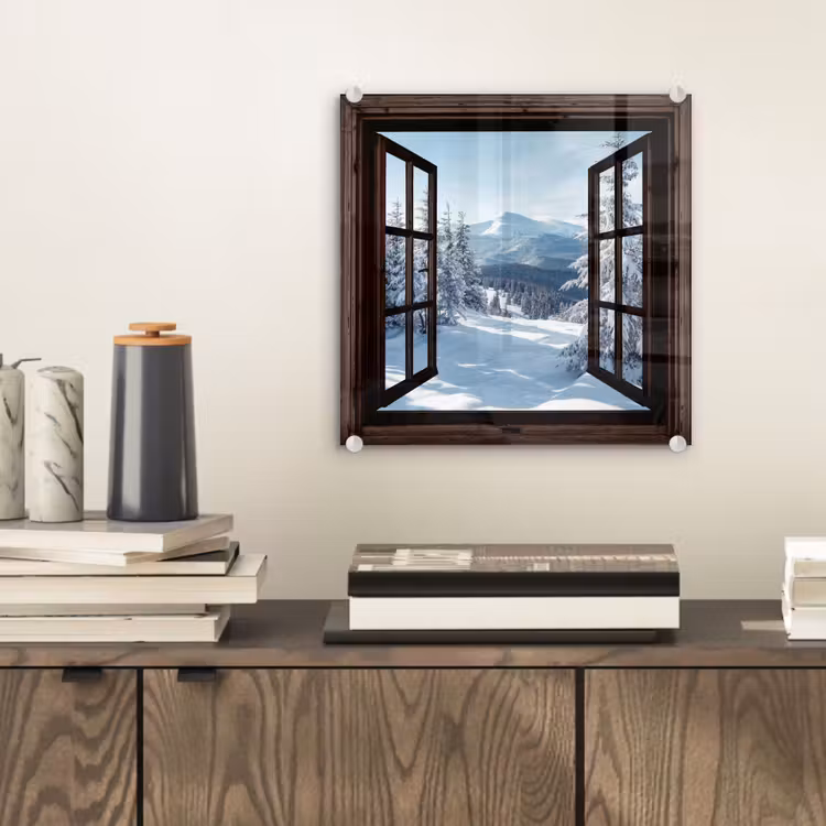 Glas schilderij - Winter - Landschap - Natuur - Berg - Bomen - Doorkijk - Uitzicht — 2