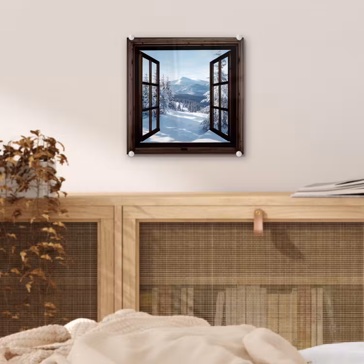 Glas schilderij - Winter - Landschap - Natuur - Berg - Bomen - Doorkijk - Uitzicht — 5