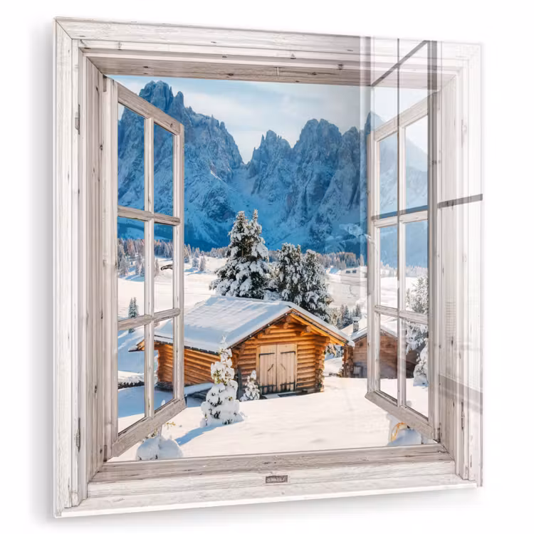 Glas schilderij - Winterlandschap - Huisje - Bergen - Uitzicht - Doorkijk - Natuur — 1