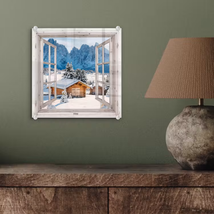 Glas schilderij - Winterlandschap - Huisje - Bergen - Uitzicht - Doorkijk - Natuur — 4