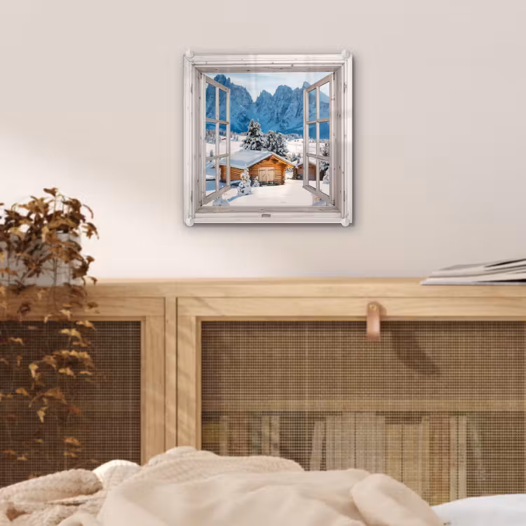 Glas schilderij - Winterlandschap - Huisje - Bergen - Uitzicht - Doorkijk - Natuur — 5
